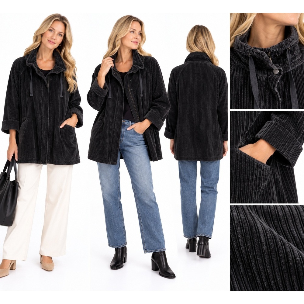 Eileen Fisher XL Black Corduroy Jacket Funnel Neck Organic Cotton Quiet Luxury